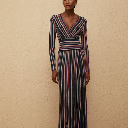 Elda Black Metallic Stripe Maxi Dress V-neck Front Slit Long Sleeves