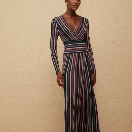 Elda Black Metallic Stripe Maxi Dress Viscose Nylon Elastane
