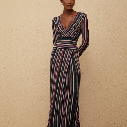 Elda Black Metallic Stripe Maxi Dress V-neck Long Sleeve Ankle-length Skirt Front Slit Knitted Construction Fitted Waistline Special Occasions