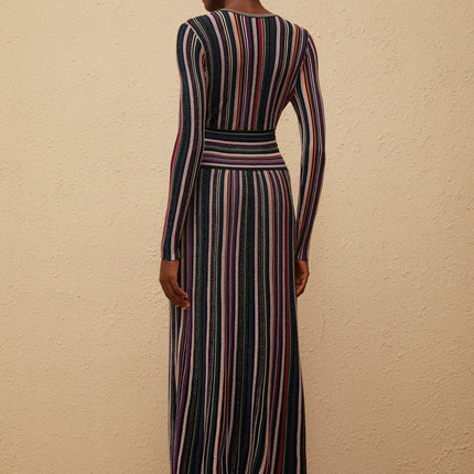 Elda Black Metallic Stripe Maxi Dress V-neck Front Slit Long Sleeves