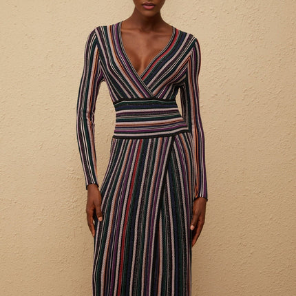 Elda Black Metallic Stripe Maxi Dress Viscose Nylon Elastane Elegant V-neck Front Slit Long Sleeve Knitted Construction Special Occasions