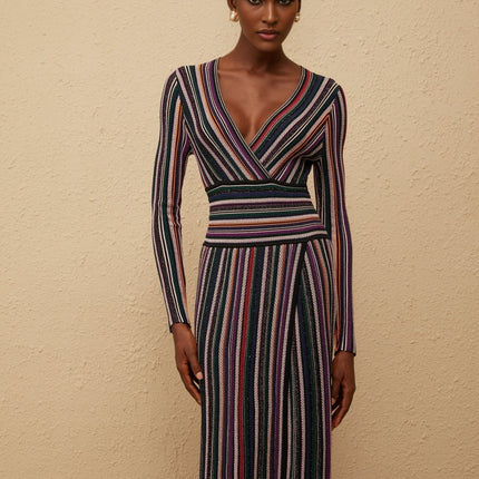 Elda Black Metallic Stripe Maxi Dress Viscose Nylon Elastane