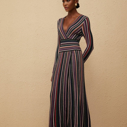 Elda Black Metallic Stripe Maxi Dress Viscose Nylon Elastane