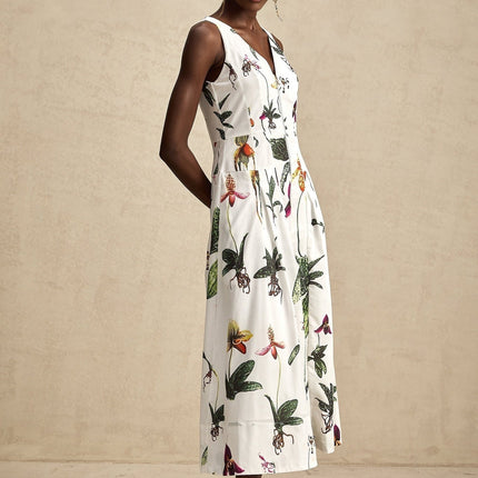 Elda Floral Midi Dress White Multicolor Poplin Texture V-Neck Sleeveless Pleated Front Zip Fastening