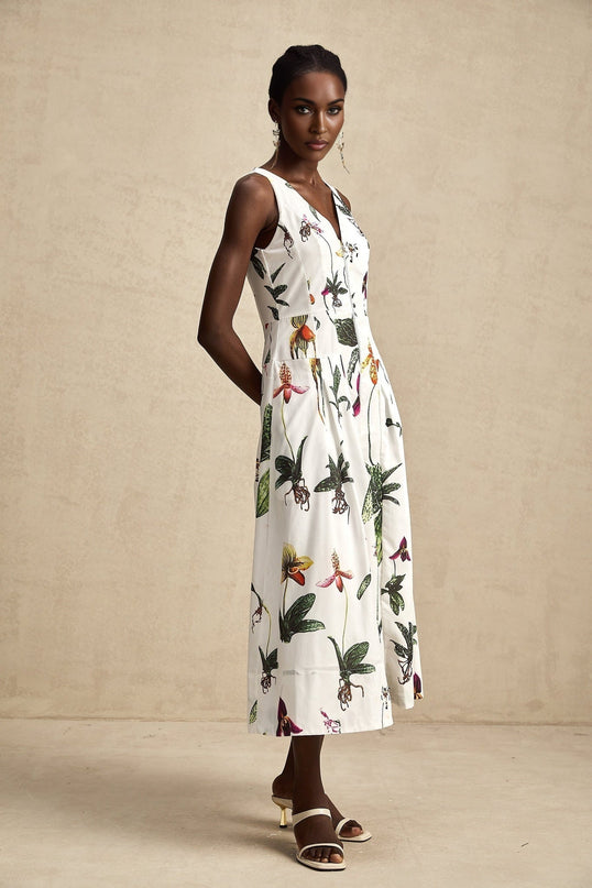 Elda Floral Midi Dress White Multicolor Poplin Texture V-Neck Sleeveless Pleated Front Zip Fastening