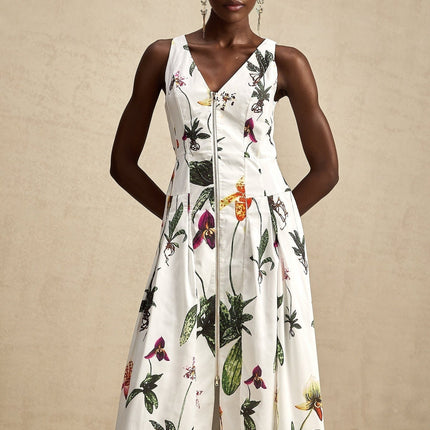 Elda Floral Midi Dress White Multicolor Poplin Texture V-Neck Sleeveless Front Zip Pleated Detailing