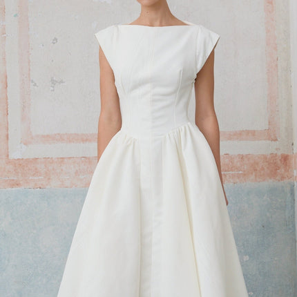 Elda Ivory White Midi Dress with Cap Sleeves and Bateau Neckline