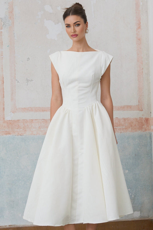Elda Ivory White Midi Dress with Cap Sleeves and Bateau Neckline