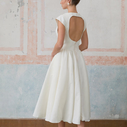 Elda Ivory White Midi Dress Cap Sleeves Bateau Neckline Cinched Waist Pleated Detailing Open Back Side Slit Pockets Rear Button Fastening Side Zip Closure Calf-Length Terylene Fiber