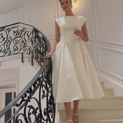 Elda Ivory White Cap Sleeve Midi Dress with Bateau Neckline and Pleated Detailing