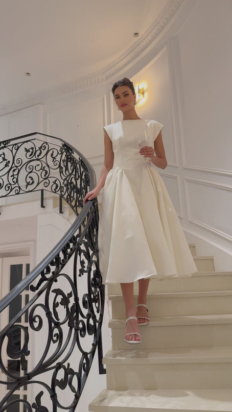 Elda Ivory White Cap Sleeve Midi Dress with Bateau Neckline and Pleated Detailing