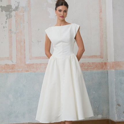 Elda Ivory White Midi Dress with Cap Sleeves and Open Back