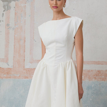Elda Ivory White Midi Dress Cap Sleeves Bateau Neckline Cinched Waist Pleated Detailing Open Back Side Slit Pockets Rear Button Fastening Side Zip Closure 100% Terylene Fiber Calf-Length