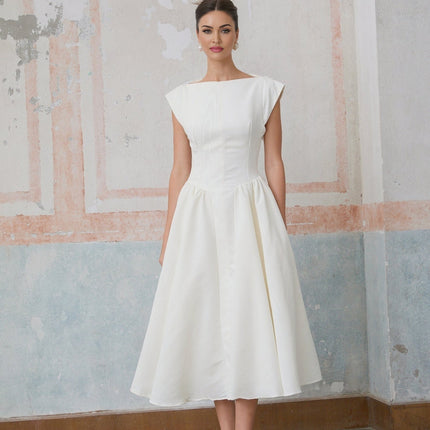 Elda Ivory White Midi Dress with Cap Sleeves and Open Back