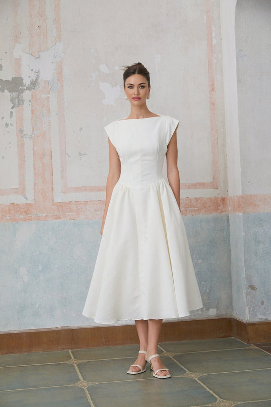 Elda Ivory White Midi Dress with Cap Sleeves and Open Back