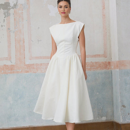 Elda Ivory White Midi Dress Cap Sleeve Bateau Neckline Cinched Waist Pleated Detail Open Back Side Slit Pockets