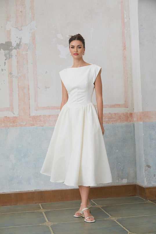 Elda Ivory White Midi Dress Cap Sleeve Bateau Neckline Cinched Waist Pleated Detail Open Back Side Slit Pockets