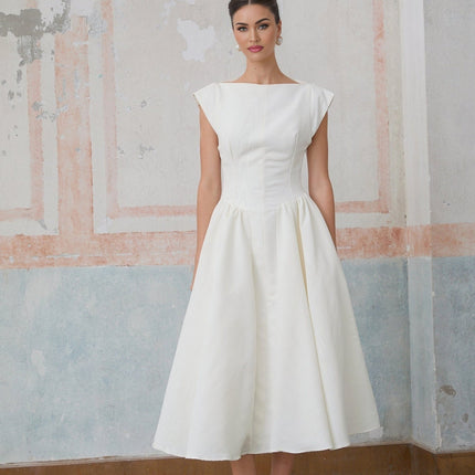Elda Ivory White Cap Sleeve Midi Dress with Bateau Neckline and Pleated Detailing