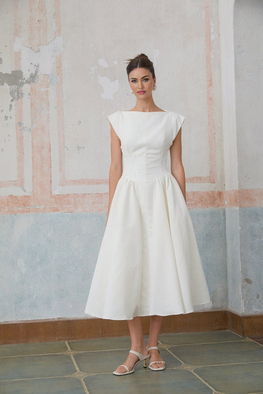 Elda Ivory White Cap Sleeve Midi Dress with Bateau Neckline and Pleated Detailing