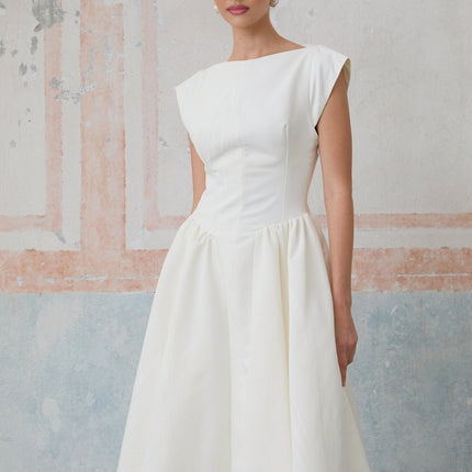 Elda Ivory White Midi Dress with Cap Sleeves and Bateau Neckline