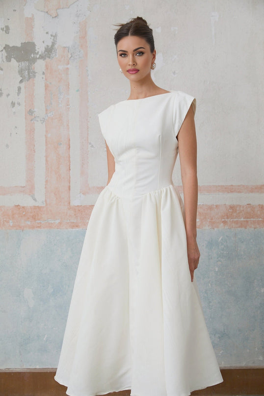 Elda Ivory White Midi Dress with Cap Sleeves and Bateau Neckline