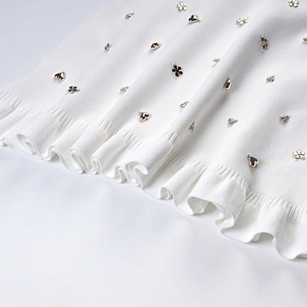 Elda White Floral Embellished Ruffle Hem Knit Dress