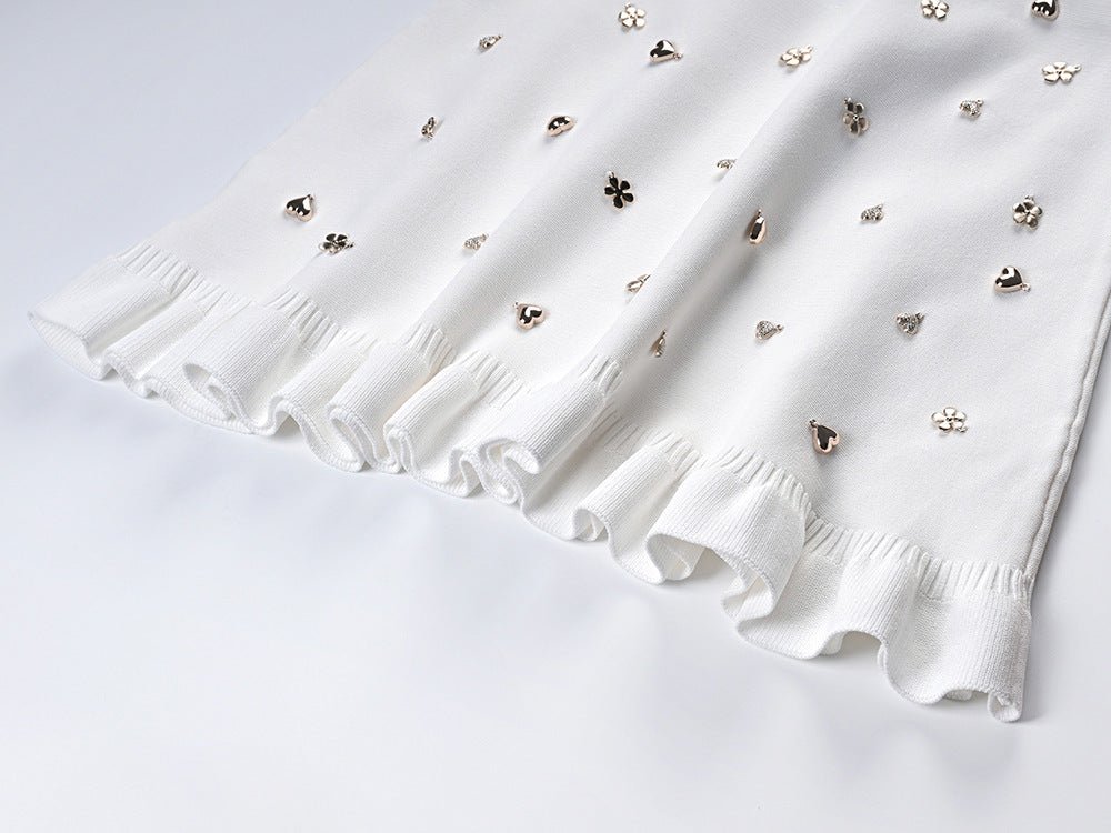 Elda White Floral Embellished Ruffle Hem Knit Dress