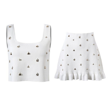 Elda White Floral Knit Dress Ruffle Hem