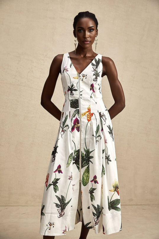 Elda White Floral Midi Dress Cotton Elastane V-neck Pleated Poplin Zip Fastening
