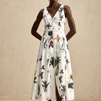 Elda White Floral Midi Dress in Cotton Elastane Blend V-neck Poplin Texture Pleated Detailing Front Zip Fastening