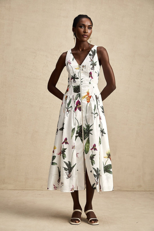 Elda White Floral Midi Dress in Cotton Elastane Blend V-neck Poplin Texture Pleated Detailing Front Zip Fastening