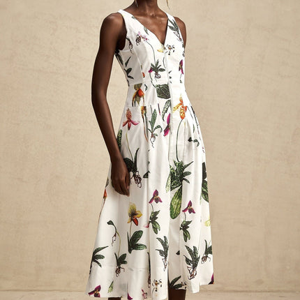 Elda White Floral Midi Dress in Poplin Texture