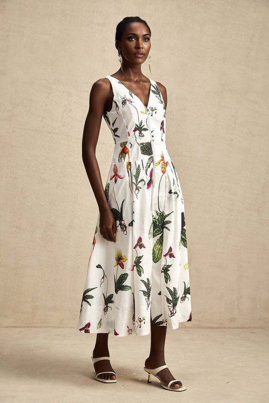 Elda White Floral Midi Dress in Poplin Texture
