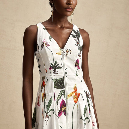 Elda White Floral Midi Dress Cotton Elastane V-neck Pleated Poplin Zip Fastening Multicolor
