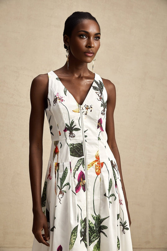 Elda White Floral Midi Dress Cotton Elastane V-neck Pleated Poplin Zip Fastening Multicolor