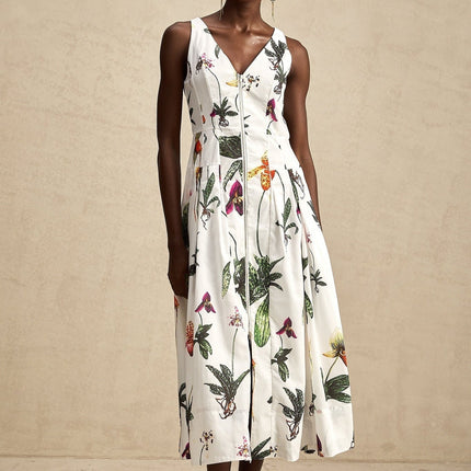 Elda White Floral Midi Dress Cotton Elastane V-Neck Pleated Zip Front Poplin Texture Multicolor Sophisticated Charm
