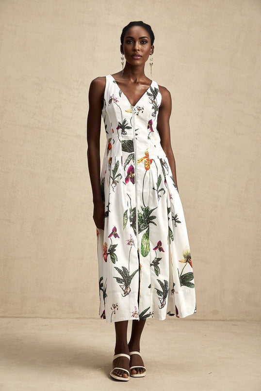 Elda White Floral Midi Dress Cotton Elastane V-Neck Pleated Zip Front Poplin Texture Multicolor Sophisticated Charm