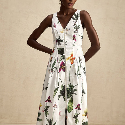Elda White Floral Midi Dress Cotton Elastane V-Neck Pleated Poplin Zip Fastening Multicolor