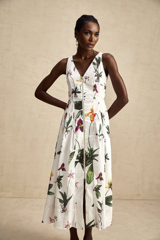 Elda White Floral Midi Dress Cotton Elastane V-Neck Pleated Poplin Zip Fastening Multicolor