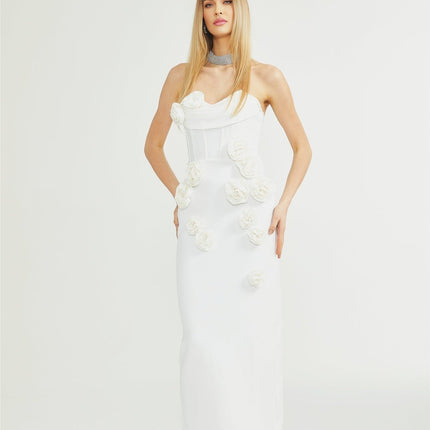 Elda White Sleeveless Floral Midi Dress with Corset Bodice