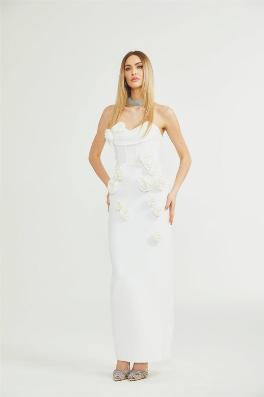 Elda White Sleeveless Floral Midi Dress with Corset Bodice