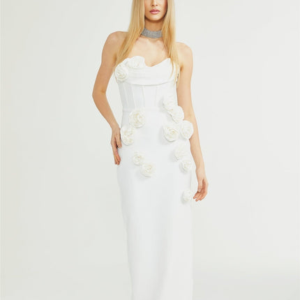 Elda White Sleeveless Floral Midi Dress with Faux-flower Detailing