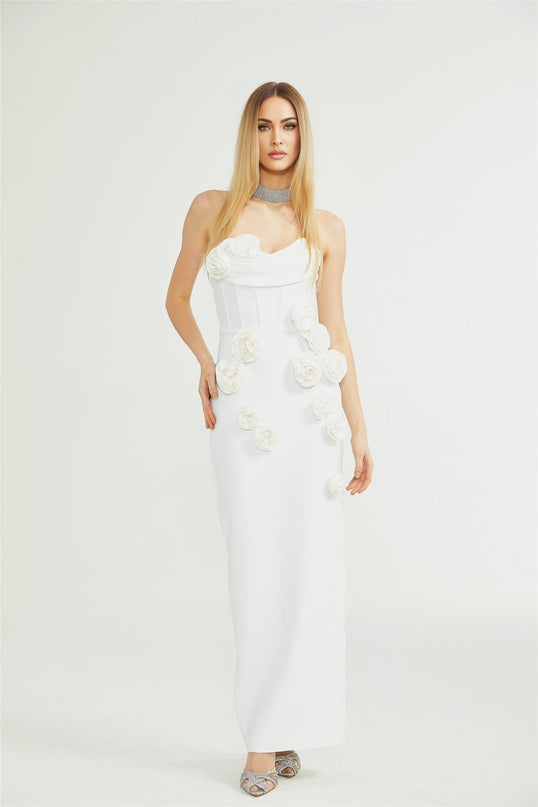 Elda White Sleeveless Floral Midi Dress with Faux-flower Detailing