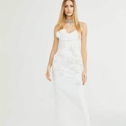Elda White Sleeveless Floral Midi Dress with Faux-Flower Detailing