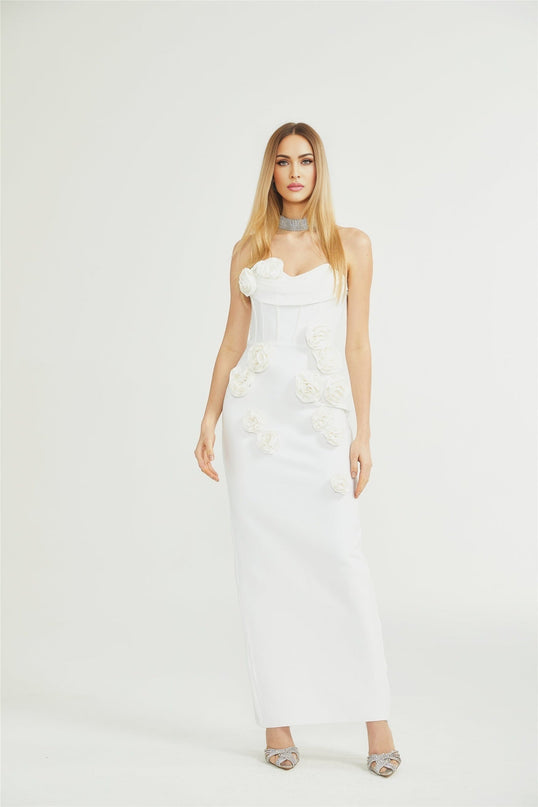 Elda White Sleeveless Floral Midi Dress with Faux-Flower Detailing