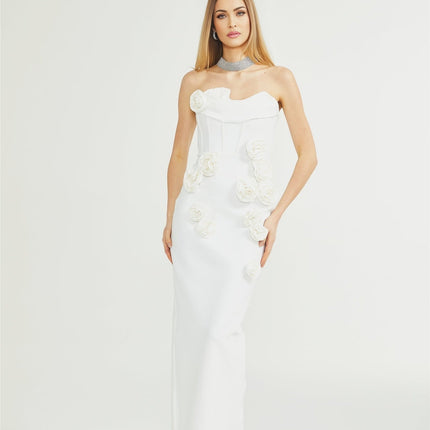 Elda White Sleeveless Floral Midi Dress with Faux-flower Detailing