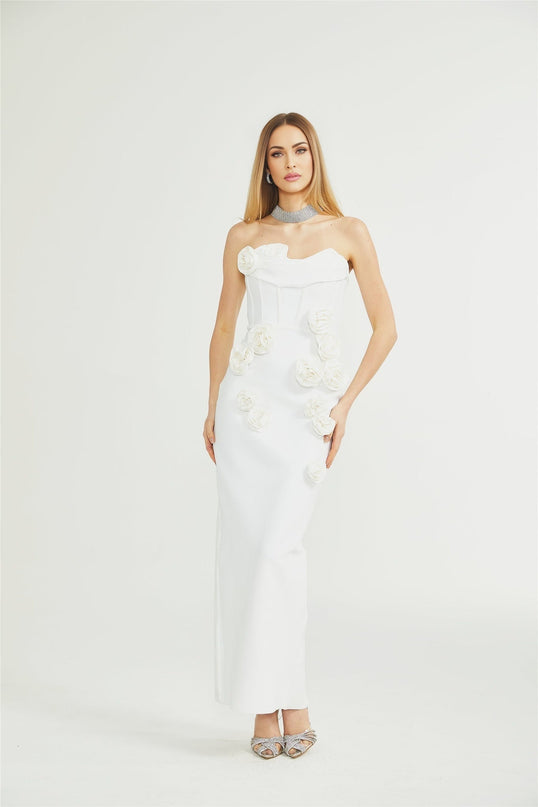 Elda White Sleeveless Floral Midi Dress with Faux-flower Detailing