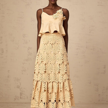 Eleanor Khaki Floral Appliqué Skirt Top Set
