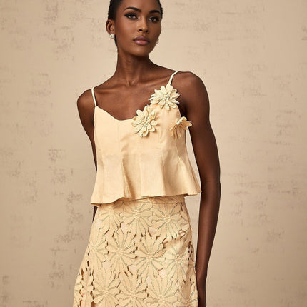 Eleanor Khaki Floral Appliqué Skirt Top Set