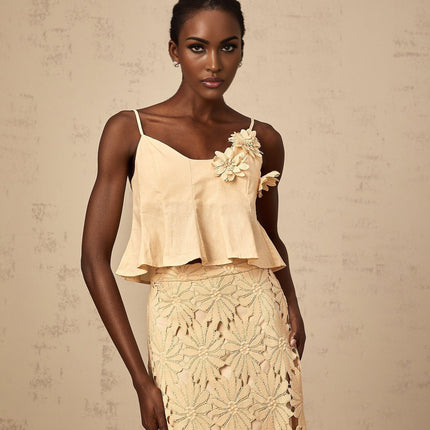 Eleanor Khaki Floral Appliqué Skirt Top Set